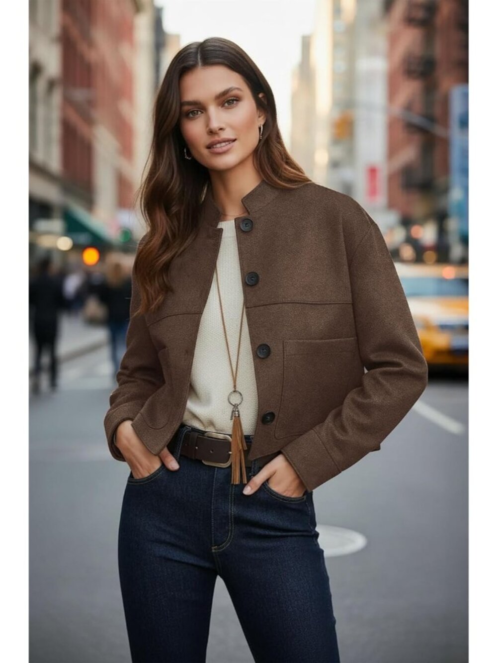 Women's Coffee Chic Faux Suede Oversized Button-Down Cropped Motorcycle Jacket - Picture 3 of 5